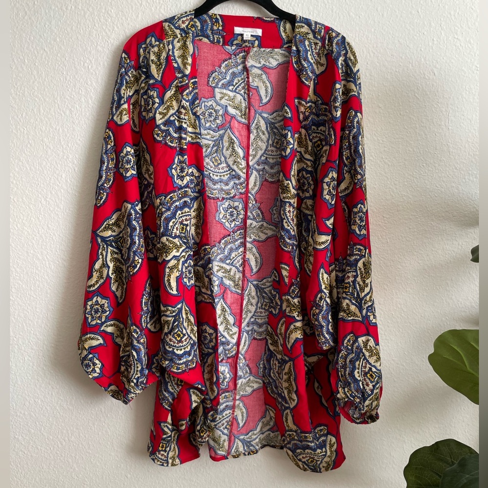 Maurices Red Paisley Open-Front Kimono Cardigan